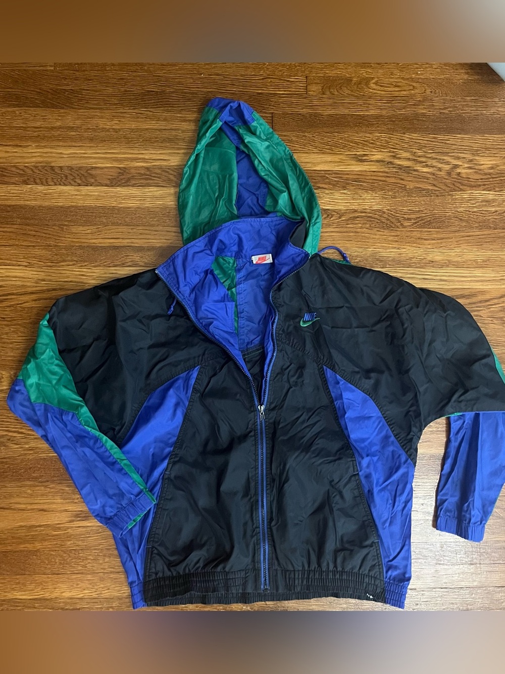 Vtg 90s Nike windbreaker jacket colorblock L green blue black unisex streetwear